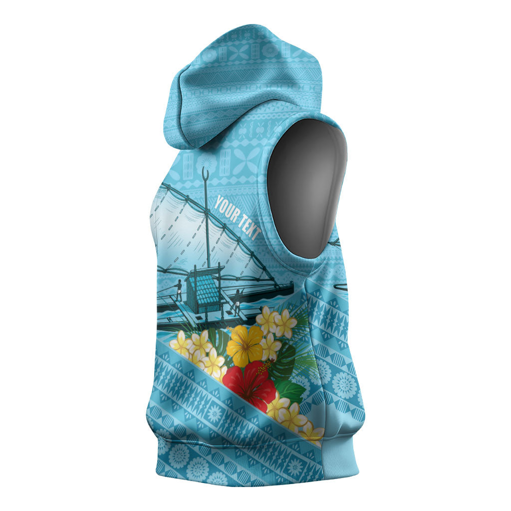 Personalised Bula Vinaka Fiji Drua Sleeveless Hoodie Fijian Traditional Canoe Tapa Cloth Blue