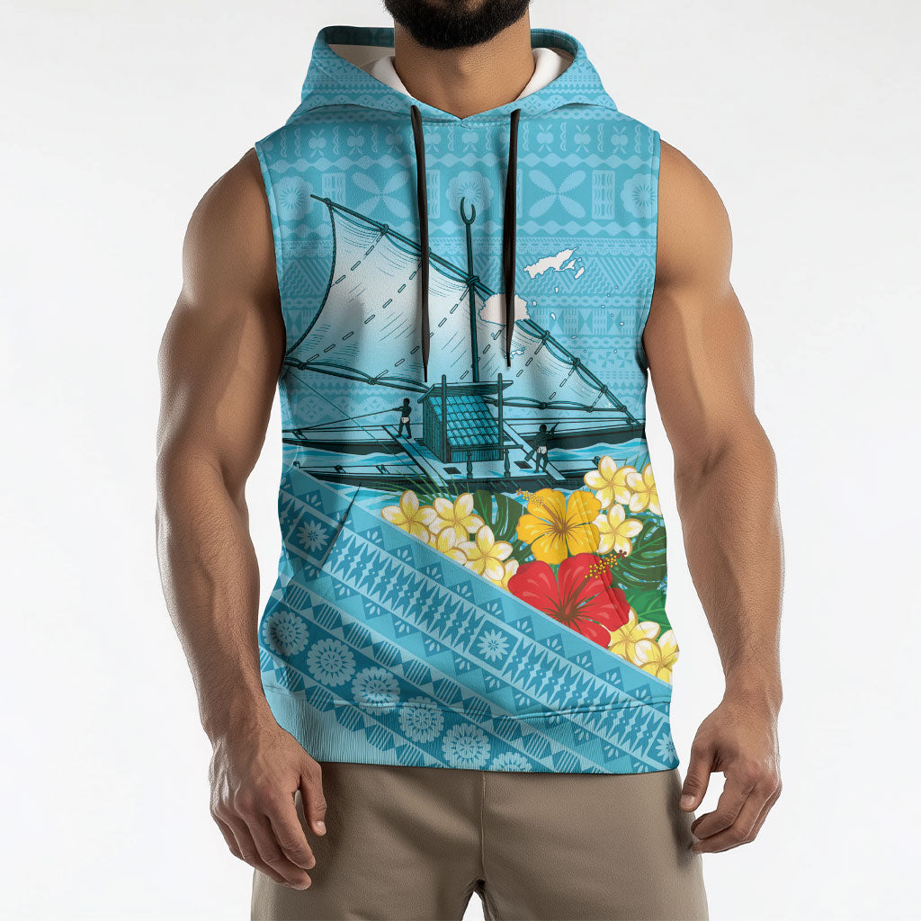 Personalised Bula Vinaka Fiji Drua Sleeveless Hoodie Fijian Traditional Canoe Tapa Cloth Blue