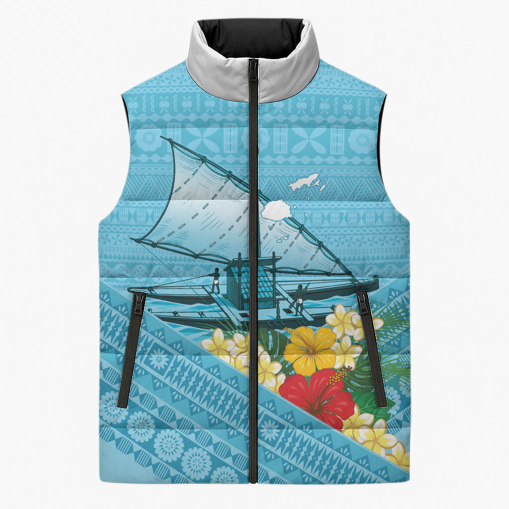 Personalised Bula Vinaka Fiji Drua Sleeveless Puffer Jacket Fijian Traditional Canoe Tapa Cloth Blue