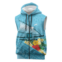 Personalised Bula Vinaka Fiji Drua Sleeveless Zip Hoodie Fijian Traditional Canoe Tapa Cloth Blue