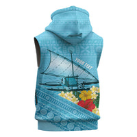 Personalised Bula Vinaka Fiji Drua Sleeveless Zip Hoodie Fijian Traditional Canoe Tapa Cloth Blue
