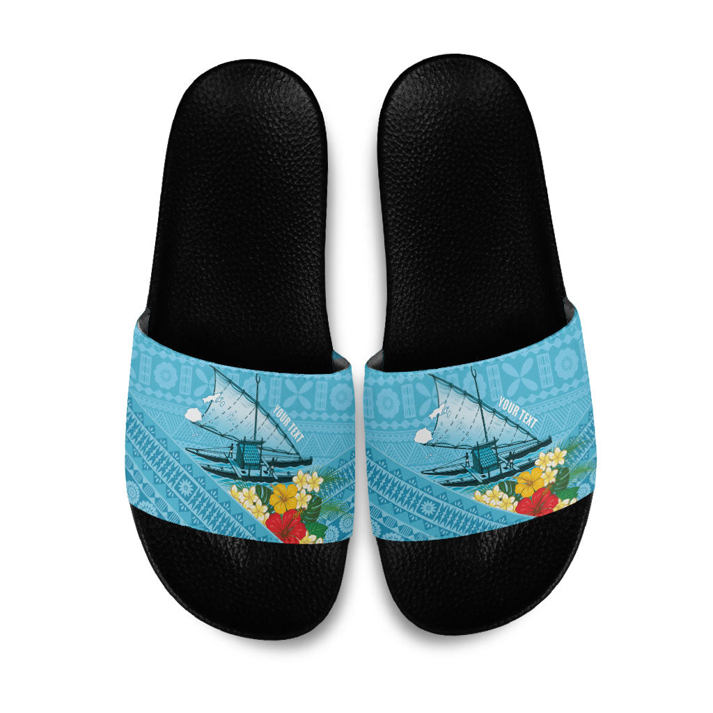 Personalised Bula Vinaka Fiji Drua Slide Sandals Fijian Traditional Canoe Tapa Cloth Blue