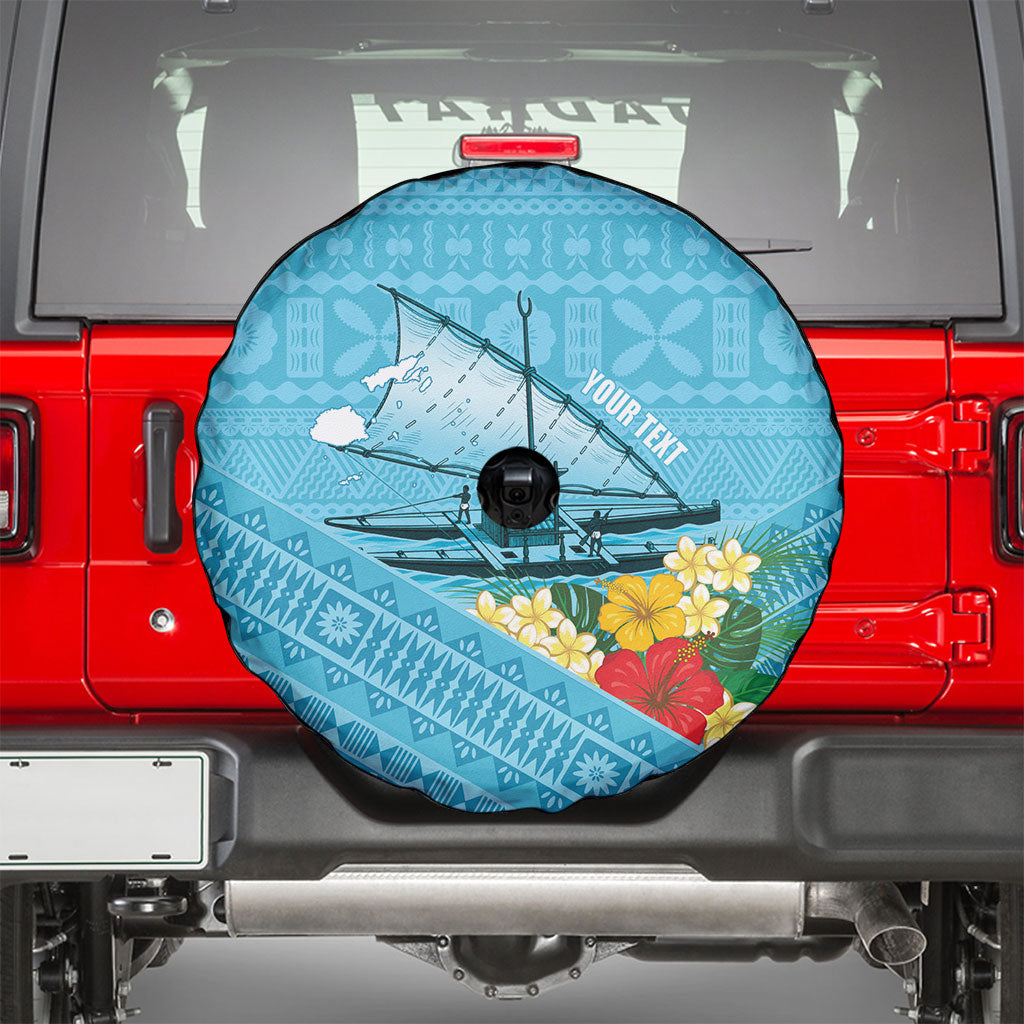 Personalised Bula Vinaka Fiji Drua Spare Tire Cover Fijian Traditional Canoe Tapa Cloth Blue