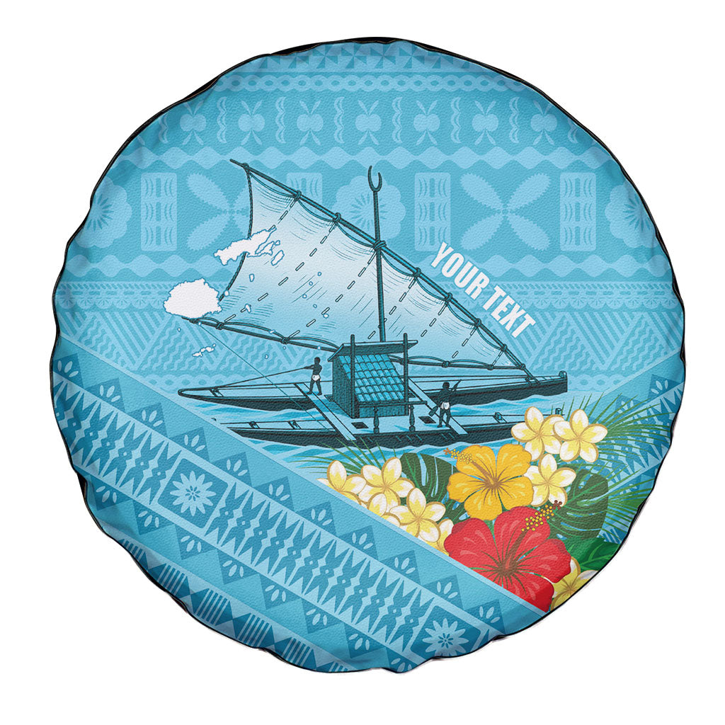 Personalised Bula Vinaka Fiji Drua Spare Tire Cover Fijian Traditional Canoe Tapa Cloth Blue