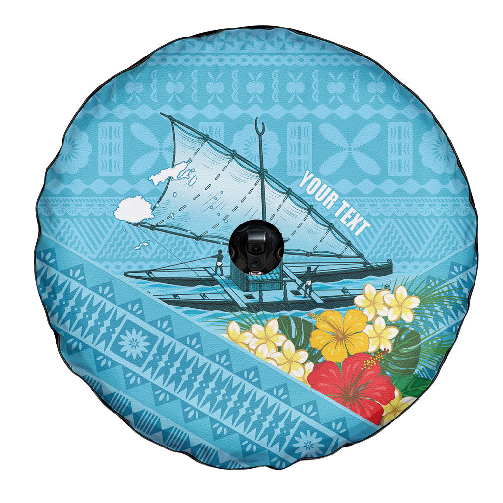 Personalised Bula Vinaka Fiji Drua Spare Tire Cover Fijian Traditional Canoe Tapa Cloth Blue