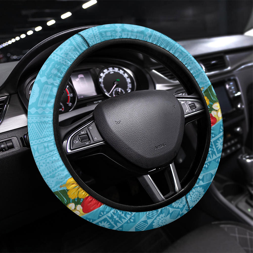 Bula Vinaka Fiji Drua Steering Wheel Cover Fijian Traditional Canoe Tapa Cloth Blue