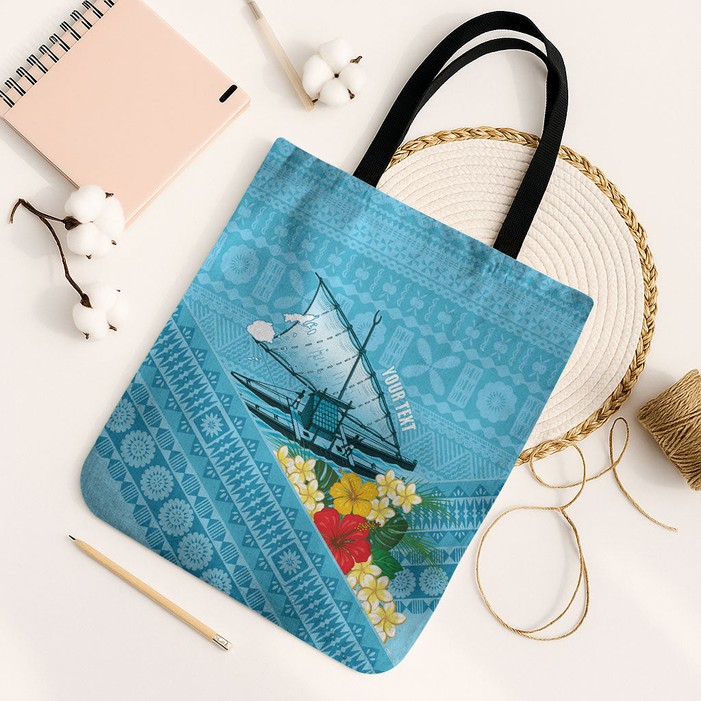 Personalised Bula Vinaka Fiji Drua Tote Bag Fijian Traditional Canoe Tapa Cloth Blue