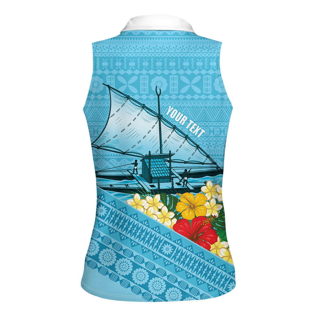 Personalised Bula Vinaka Fiji Drua Women Sleeveless Polo Shirt Fijian Traditional Canoe Tapa Cloth Blue