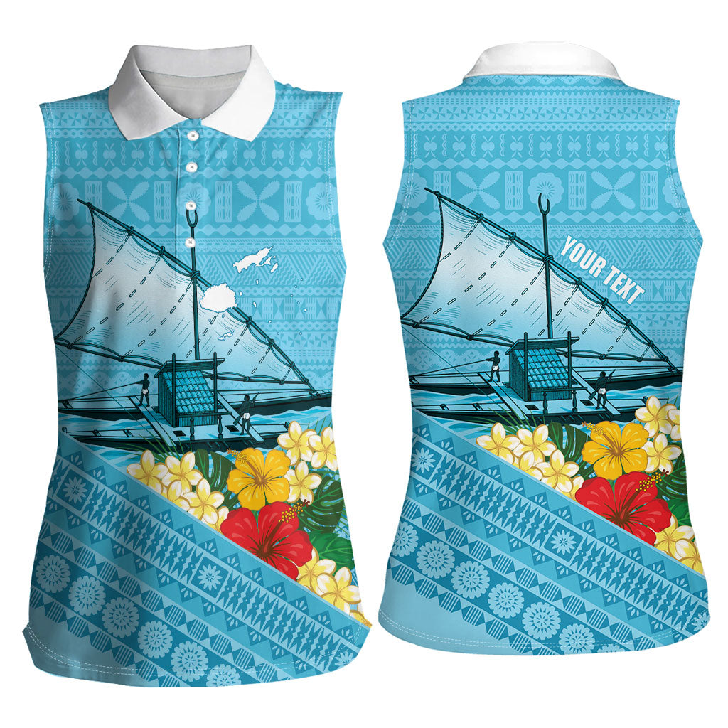Personalised Bula Vinaka Fiji Drua Women Sleeveless Polo Shirt Fijian Traditional Canoe Tapa Cloth Blue