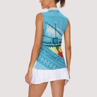 Personalised Bula Vinaka Fiji Drua Women Sleeveless Polo Shirt Fijian Traditional Canoe Tapa Cloth Blue