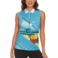 Personalised Bula Vinaka Fiji Drua Women Sleeveless Polo Shirt Fijian Traditional Canoe Tapa Cloth Blue