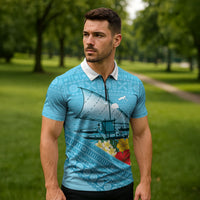 Personalised Bula Vinaka Fiji Drua Zipper Polo Shirt Fijian Traditional Canoe Tapa Cloth Blue