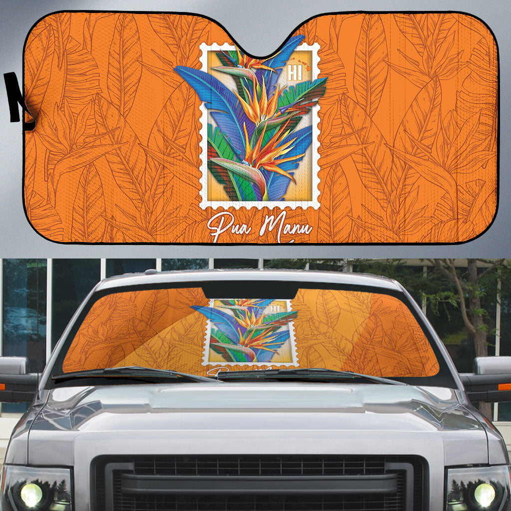 Aloha Hawaii Pua Manu Auto Sun Shade Hawaiian Bird of Paradise Flowers Stylized Stamp LT14 Orange - Polynesian Pride