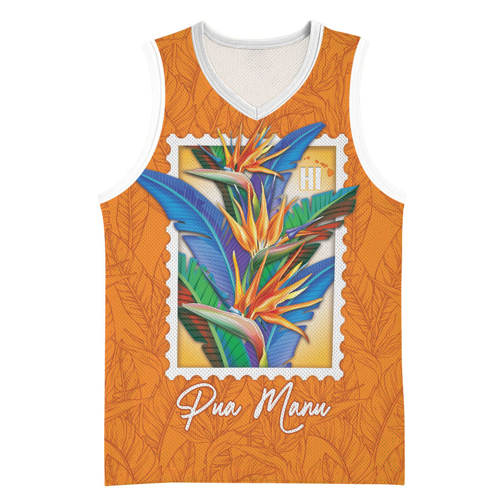 Aloha Hawaii Pua Manu Basketball Jersey Hawaiian Bird of Paradise Flowers Stylized Stamp LT14 Unisex Orange - Polynesian Pride