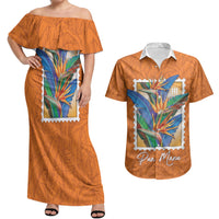 Aloha Hawaii Pua Manu Couples Matching Off Shoulder Maxi Dress and Hawaiian Shirt Hawaiian Bird of Paradise Flowers Stylized Stamp LT14 Orange - Polynesian Pride