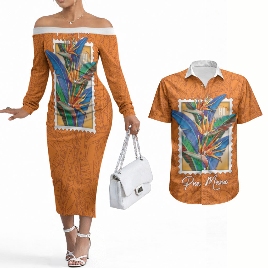 Aloha Hawaii Pua Manu Couples Matching Off The Shoulder Long Sleeve Dress and Hawaiian Shirt Hawaiian Bird of Paradise Flowers Stylized Stamp LT14 Orange - Polynesian Pride