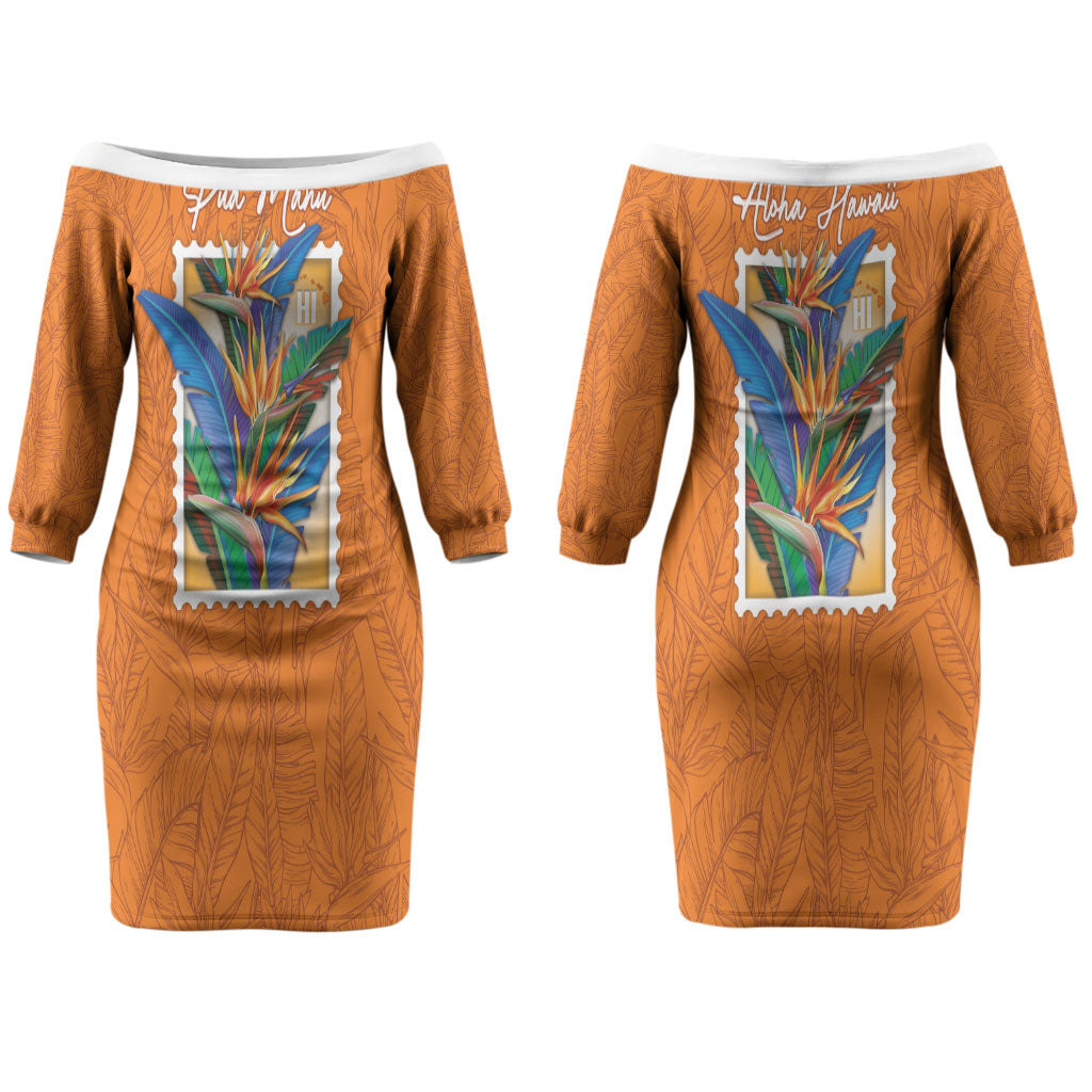 Aloha Hawaii Pua Manu Couples Matching Off The Shoulder Long Sleeve Dress and Long Sleeve Button Shirt Hawaiian Bird of Paradise Flowers Stylized Stamp LT14 - Polynesian Pride