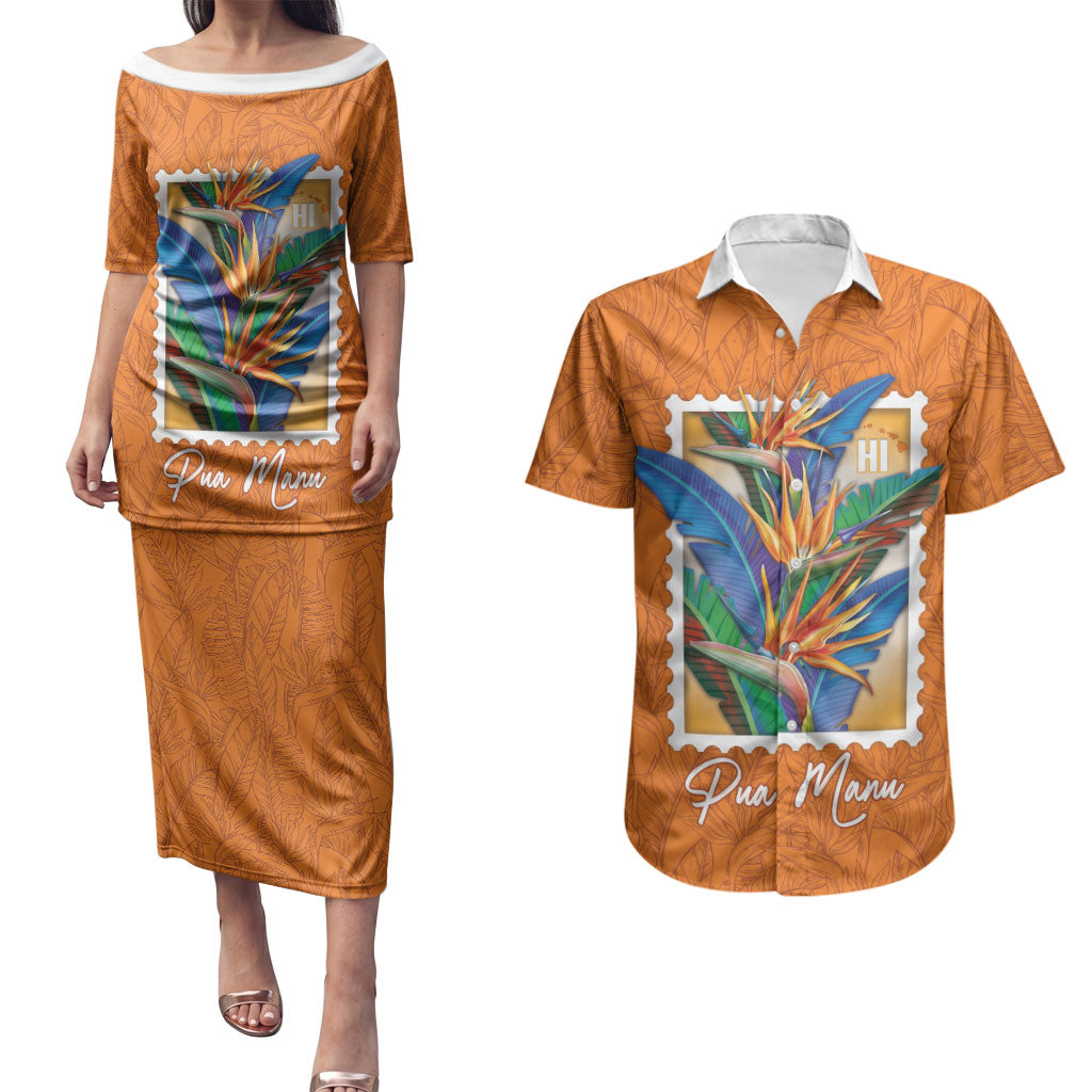 Aloha Hawaii Pua Manu Couples Matching Puletasi and Hawaiian Shirt Hawaiian Bird of Paradise Flowers Stylized Stamp LT14 Orange - Polynesian Pride