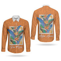 Aloha Hawaii Pua Manu Couples Matching Puletasi and Long Sleeve Button Shirt Hawaiian Bird of Paradise Flowers Stylized Stamp LT14 - Polynesian Pride