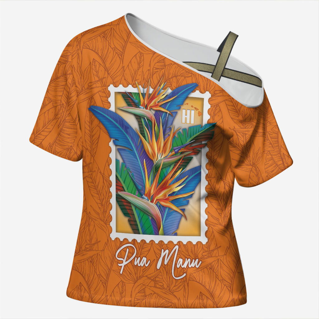 Aloha Hawaii Pua Manu Cross Shoulder Shirt Hawaiian Bird of Paradise Flowers Stylized Stamp LT14 Female Orange - Polynesian Pride