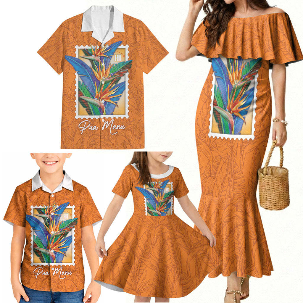 Aloha Hawaii Pua Manu Family Matching Mermaid Dress and Hawaiian Shirt Hawaiian Bird of Paradise Flowers Stylized Stamp LT14 - Polynesian Pride