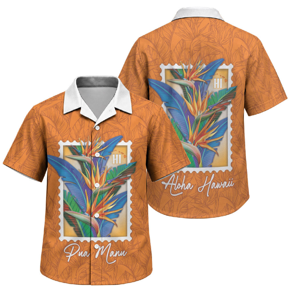Aloha Hawaii Pua Manu Family Matching Mermaid Dress and Hawaiian Shirt Hawaiian Bird of Paradise Flowers Stylized Stamp LT14 Son's Shirt Orange - Polynesian Pride