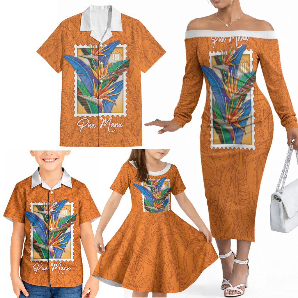 Aloha Hawaii Pua Manu Family Matching Off The Shoulder Long Sleeve Dress and Hawaiian Shirt Hawaiian Bird of Paradise Flowers Stylized Stamp LT14 - Polynesian Pride