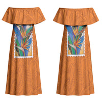 Aloha Hawaii Pua Manu Family Matching Off Shoulder Maxi Dress and Hawaiian Shirt Hawaiian Bird of Paradise Flowers Stylized Stamp LT14 Mom's Dress Orange - Polynesian Pride
