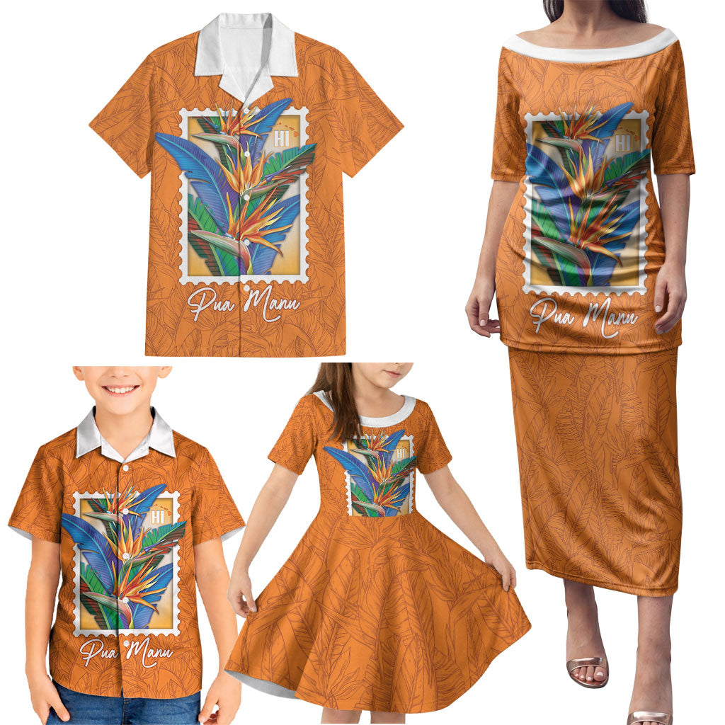 Aloha Hawaii Pua Manu Family Matching Puletasi and Hawaiian Shirt Hawaiian Bird of Paradise Flowers Stylized Stamp LT14 - Polynesian Pride
