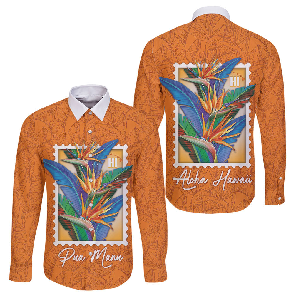 Aloha Hawaii Pua Manu Family Matching Short Sleeve Bodycon Dress and Hawaiian Shirt Hawaiian Bird of Paradise Flowers Stylized Stamp LT14 Dad's Shirt - Long Sleeve Orange - Polynesian Pride