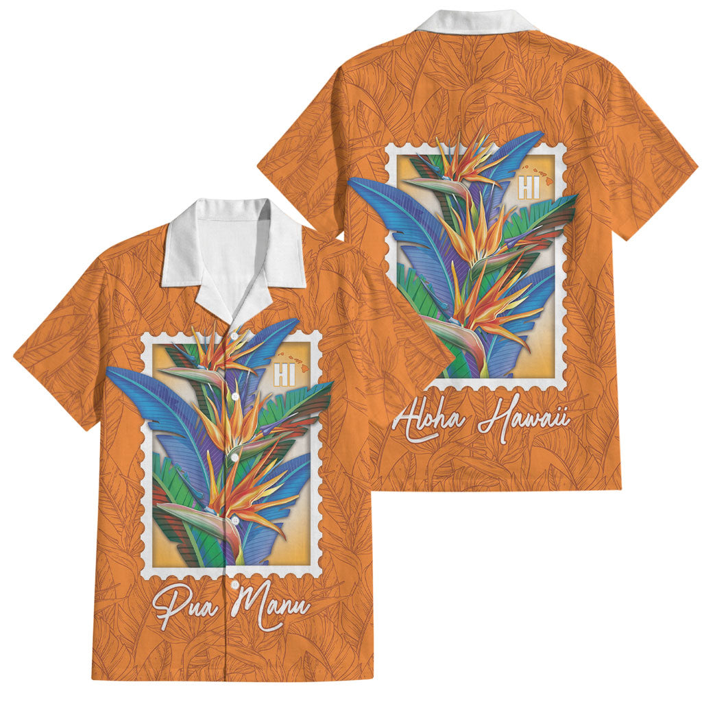 Aloha Hawaii Pua Manu Family Matching Tank Maxi Dress and Hawaiian Shirt Hawaiian Bird of Paradise Flowers Stylized Stamp LT14 Dad's Shirt - Short Sleeve Orange - Polynesian Pride
