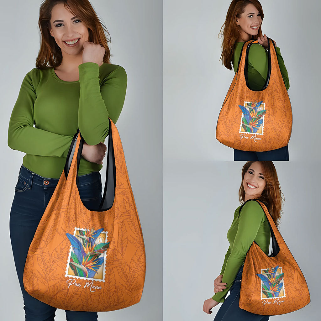 Aloha Hawaii Pua Manu Grocery Bag Hawaiian Bird of Paradise Flowers Stylized Stamp