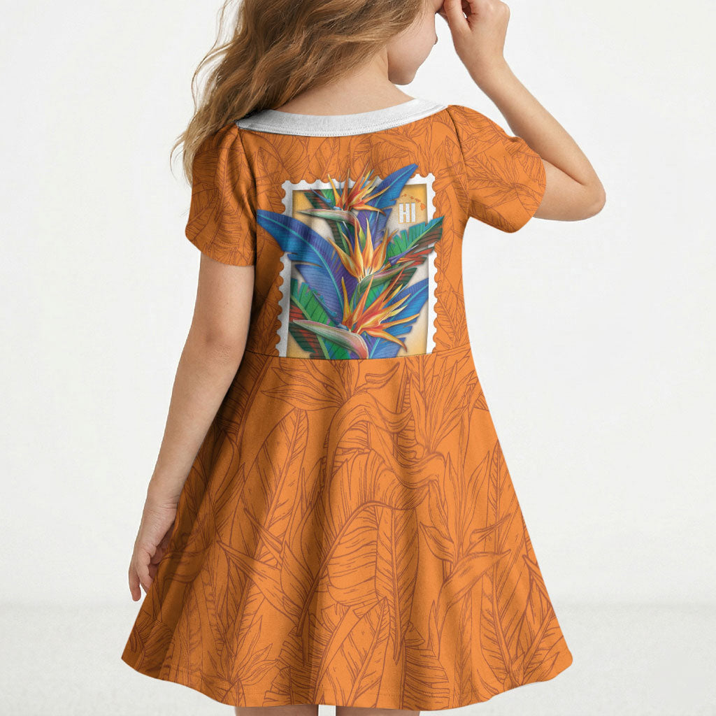 Aloha Hawaii Pua Manu Kid Short Sleeve Dress Hawaiian Bird of Paradise Flowers Stylized Stamp