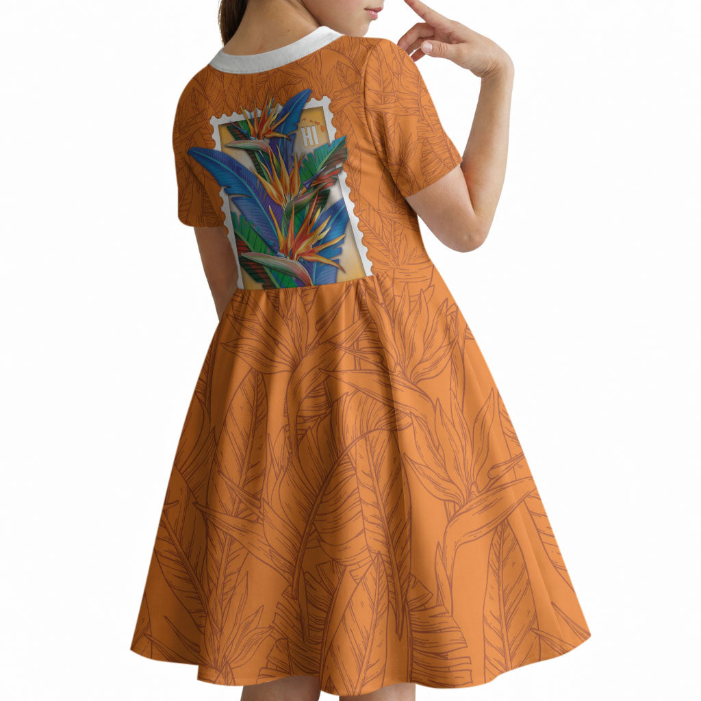 Aloha Hawaii Pua Manu Kid Short Sleeve Dress Hawaiian Bird of Paradise Flowers Stylized Stamp
