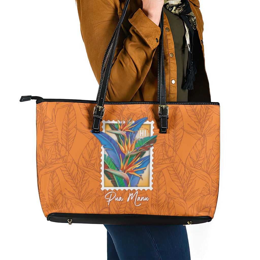 Aloha Hawaii Pua Manu Leather Tote Bag Hawaiian Bird of Paradise Flowers Stylized Stamp