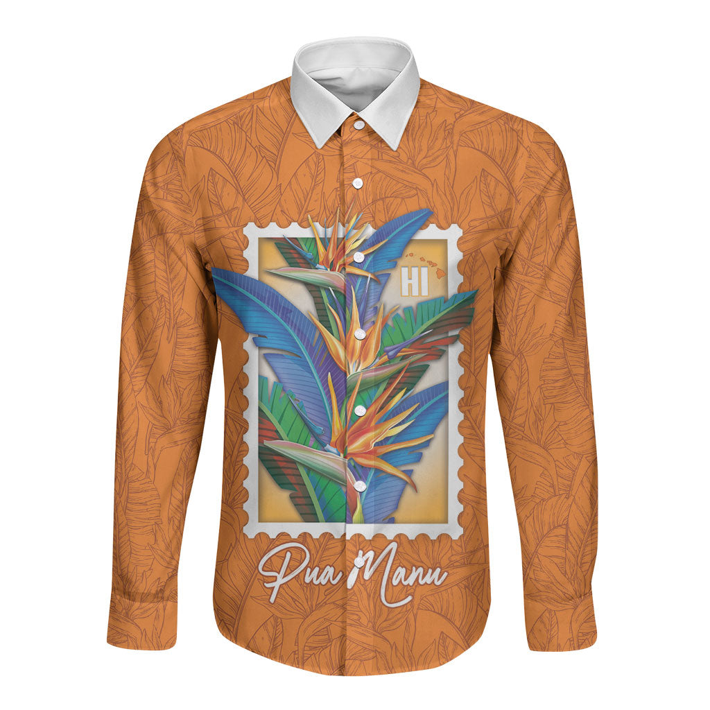Aloha Hawaii Pua Manu Long Sleeve Button Shirt Hawaiian Bird of Paradise Flowers Stylized Stamp LT14 Unisex Orange - Polynesian Pride