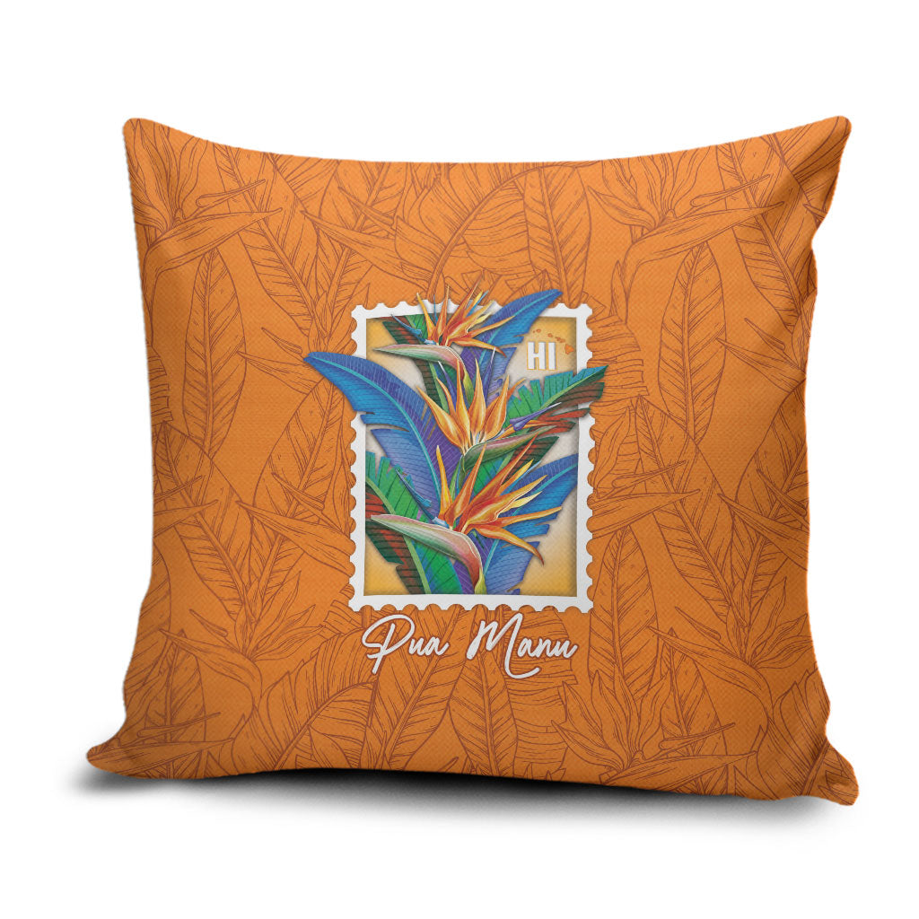 Aloha Hawaii Pua Manu Pillow Cover Hawaiian Bird of Paradise Flowers Stylized Stamp LT14 Orange - Polynesian Pride