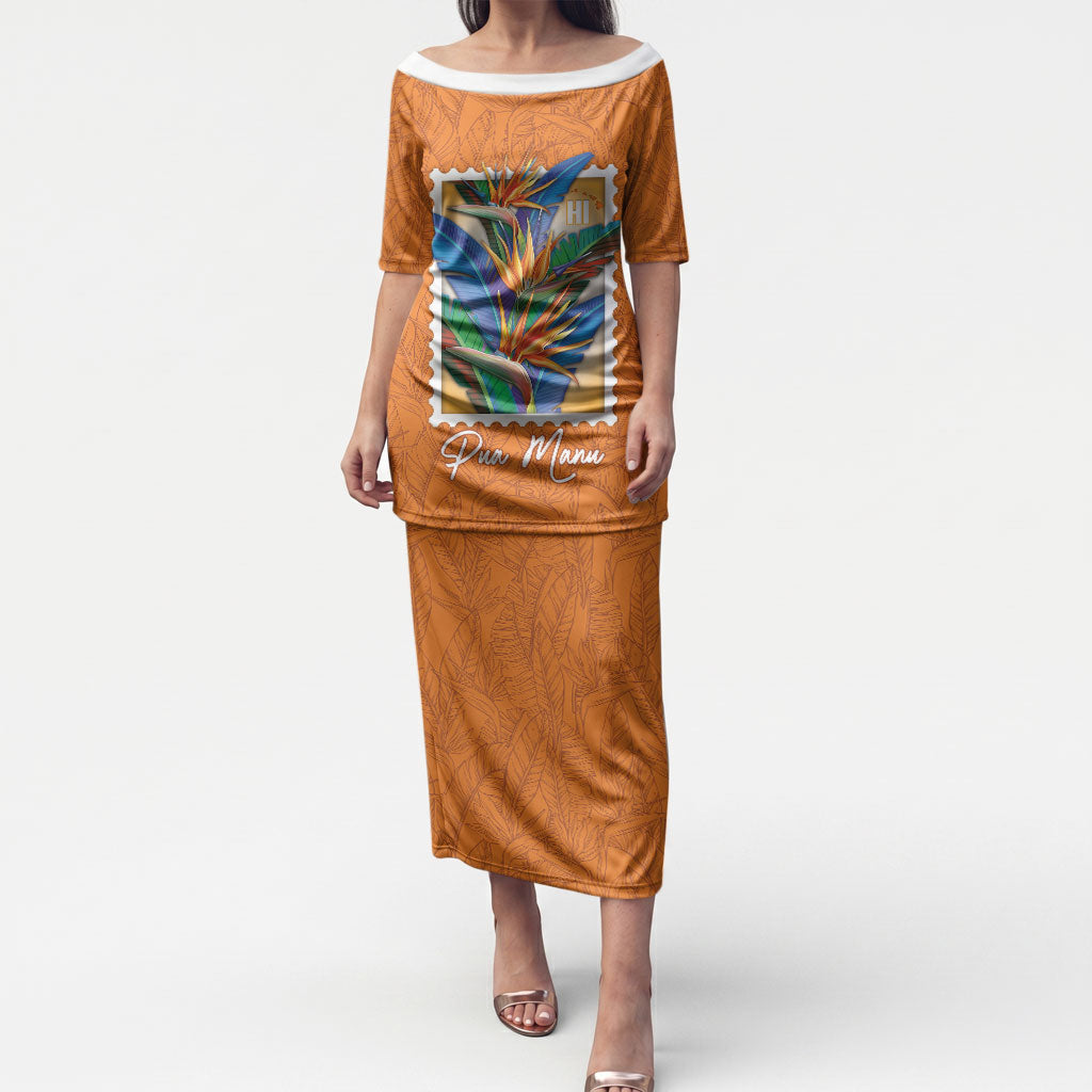 Aloha Hawaii Pua Manu Puletasi Hawaiian Bird of Paradise Flowers Stylized Stamp LT14 Long Dress Orange - Polynesian Pride