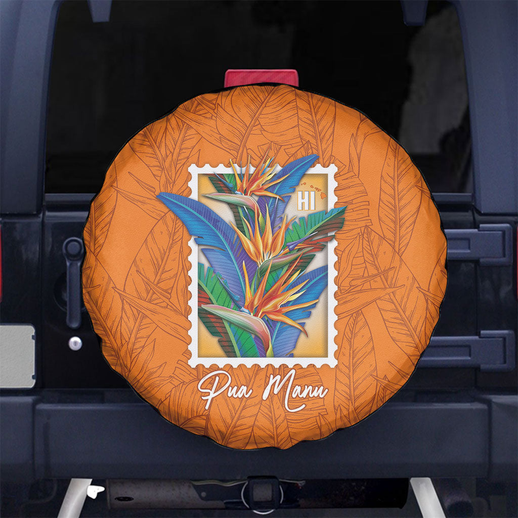 Aloha Hawaii Pua Manu Spare Tire Cover Hawaiian Bird of Paradise Flowers Stylized Stamp LT14 No hole Orange - Polynesian Pride