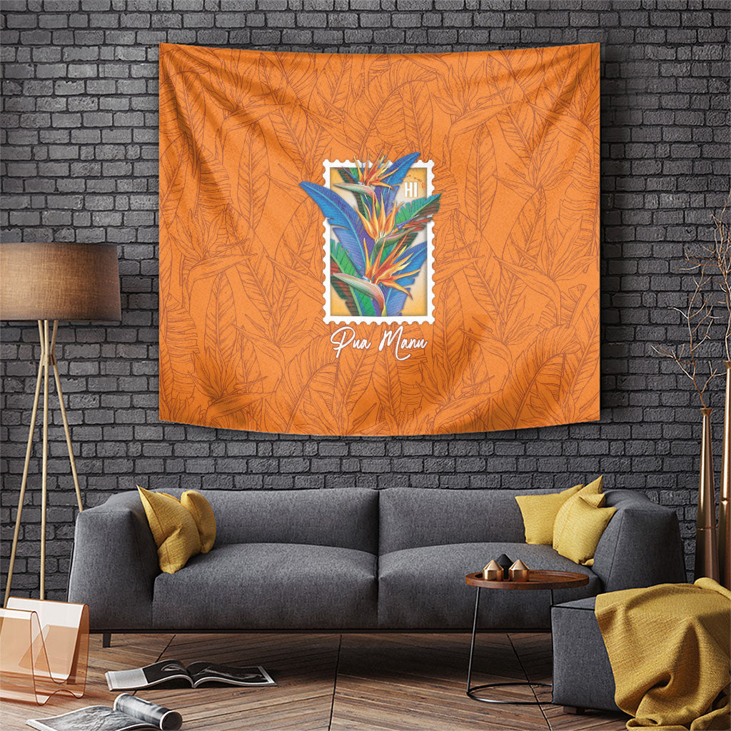 Aloha Hawaii Pua Manu Tapestry Hawaiian Bird of Paradise Flowers Stylized Stamp LT14 Orange - Polynesian Pride