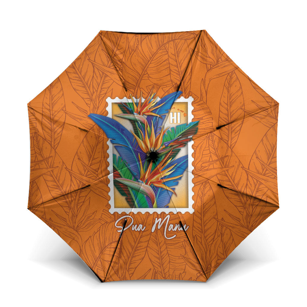 Aloha Hawaii Pua Manu Umbrella Hawaiian Bird of Paradise Flowers Stylized Stamp LT14 One Size Folded 11.42 inch Opened Diameter 37.4 inch Orange - Polynesian Pride
