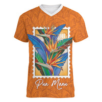 Aloha Hawaii Pua Manu Women V-Neck T-Shirt Hawaiian Bird of Paradise Flowers Stylized Stamp