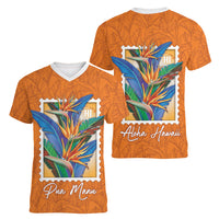Aloha Hawaii Pua Manu Women V-Neck T-Shirt Hawaiian Bird of Paradise Flowers Stylized Stamp