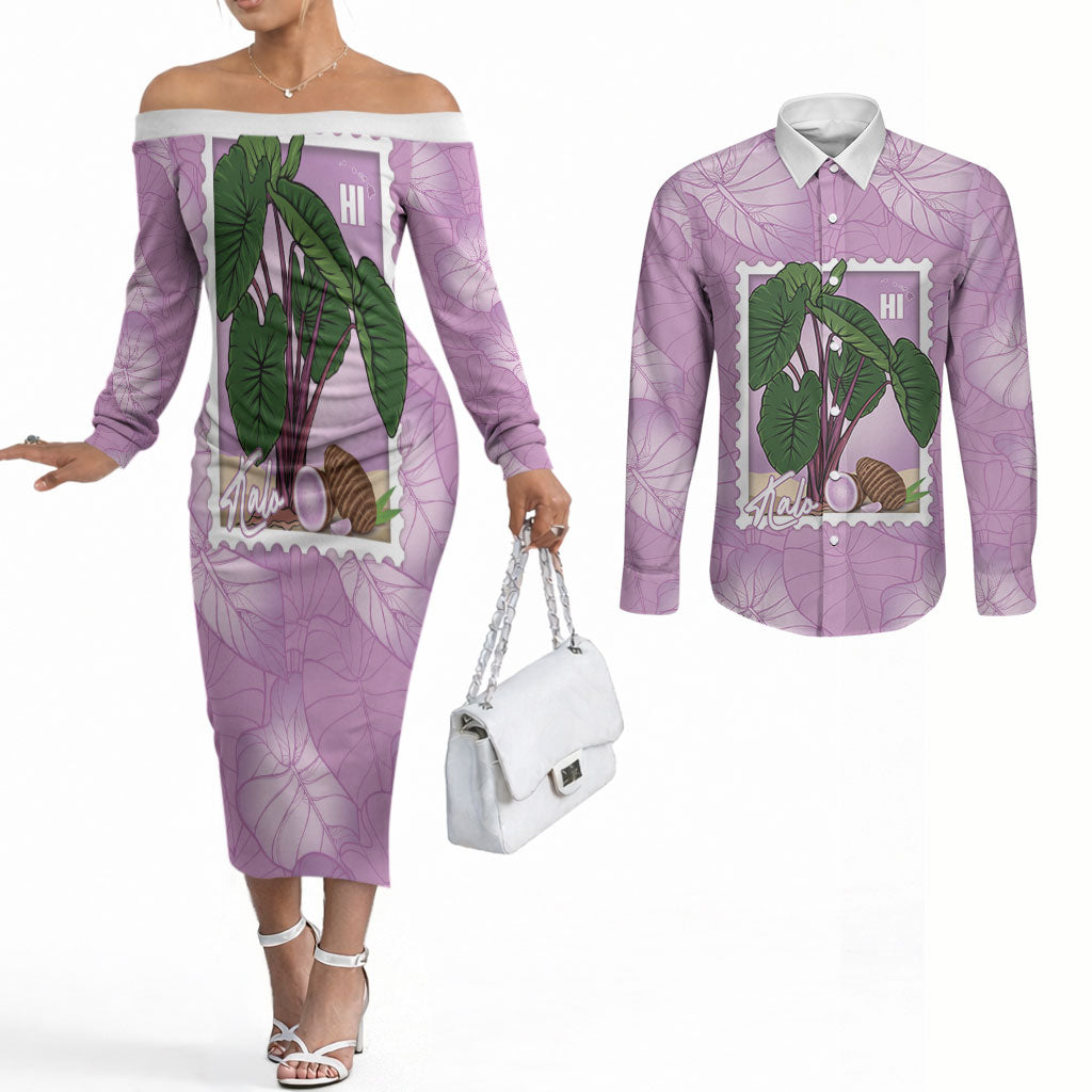 Aloha Hawaii Kalo Couples Matching Off The Shoulder Long Sleeve Dress and Long Sleeve Button Shirt Hawaiian Taro Leaves Stylized Stamp LT14 Purple - Polynesian Pride