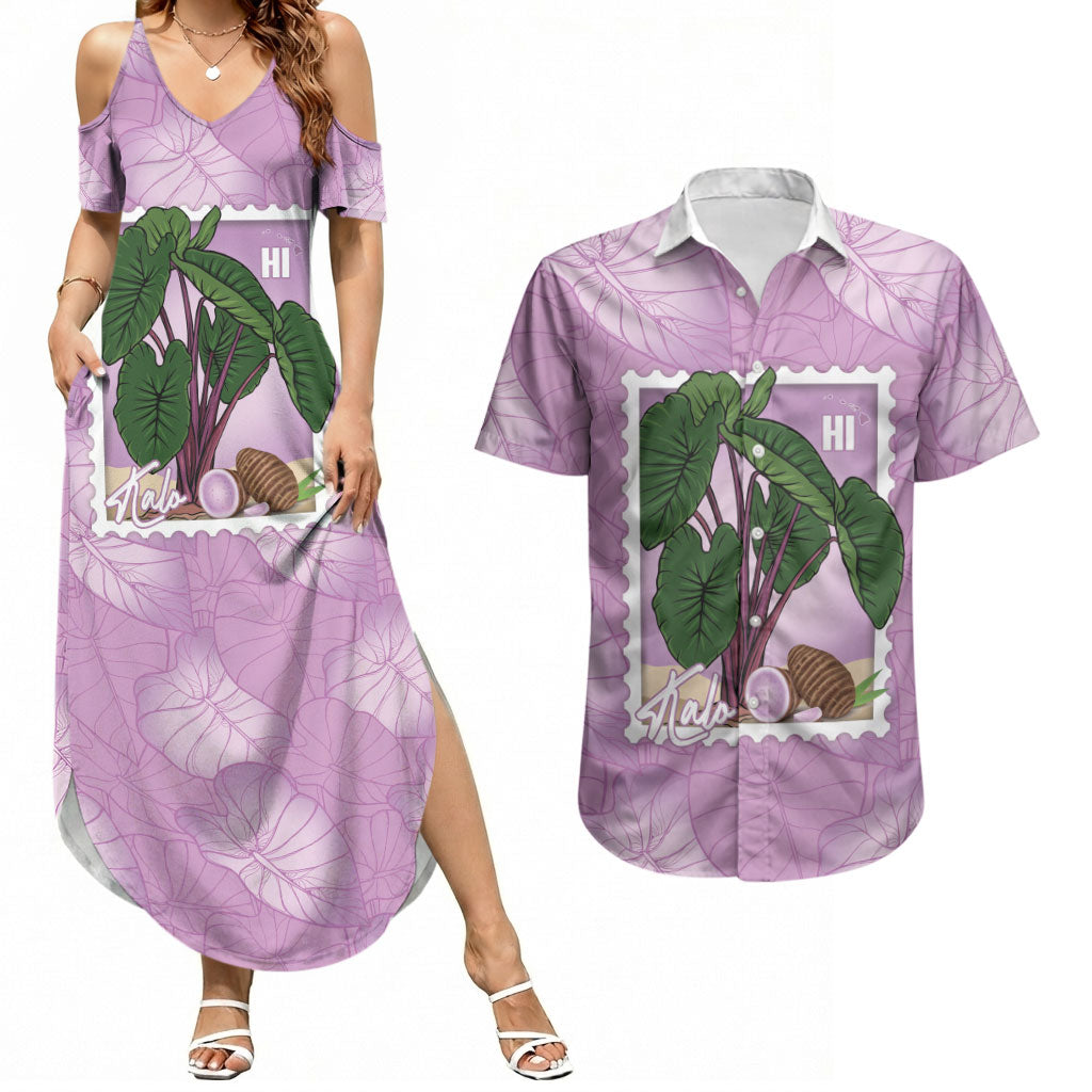 Aloha Hawaii Kalo Couples Matching Summer Maxi Dress and Hawaiian Shirt Hawaiian Taro Leaves Stylized Stamp LT14 Purple - Polynesian Pride