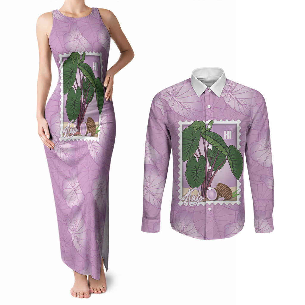 Aloha Hawaii Kalo Couples Matching Tank Maxi Dress and Long Sleeve Button Shirt Hawaiian Taro Leaves Stylized Stamp LT14 Purple - Polynesian Pride