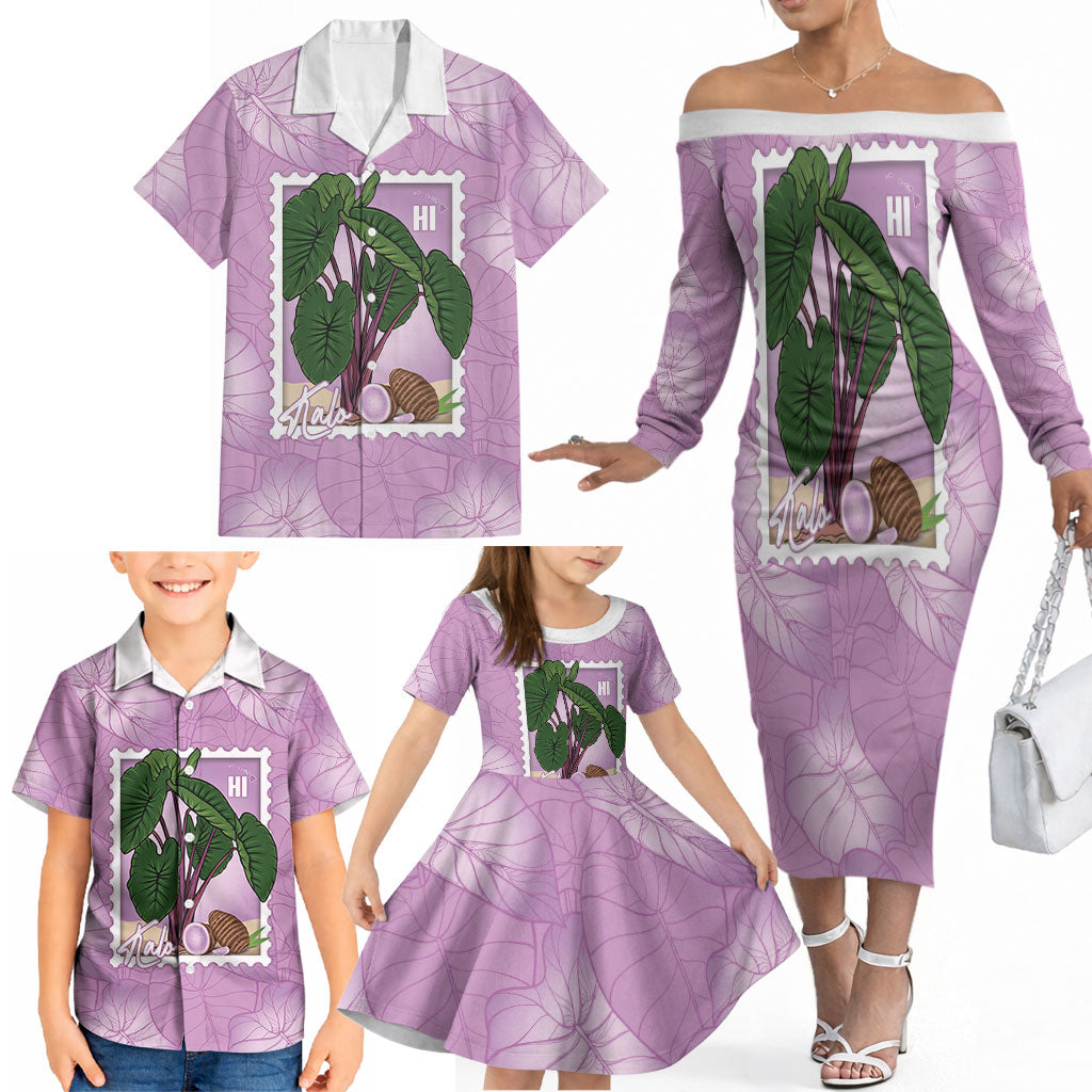 Aloha Hawaii Kalo Family Matching Off The Shoulder Long Sleeve Dress and Hawaiian Shirt Hawaiian Taro Leaves Stylized Stamp LT14 - Polynesian Pride