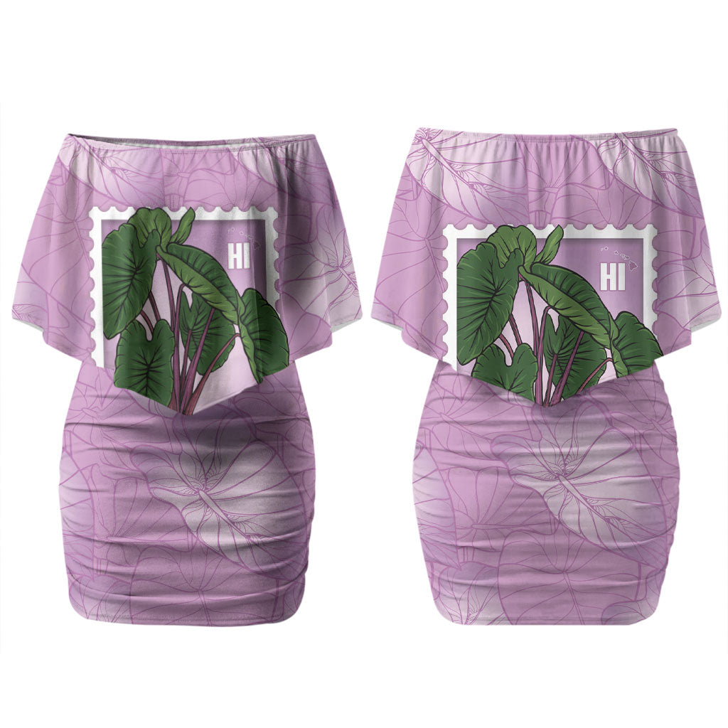 Aloha Hawaii Kalo Family Matching Off Shoulder Short Dress and Hawaiian Shirt Hawaiian Taro Leaves Stylized Stamp LT14 Mom's Dress Purple - Polynesian Pride