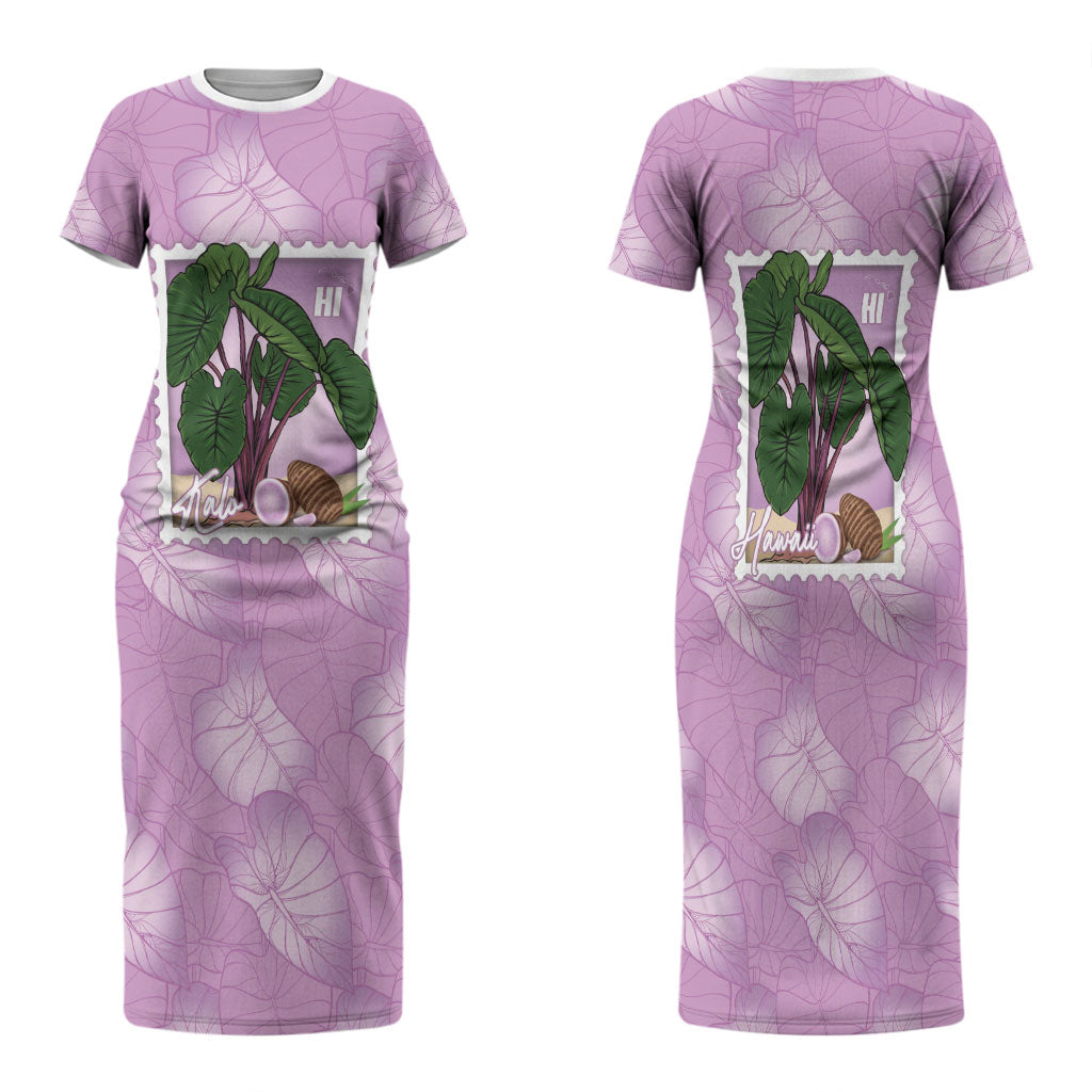 Aloha Hawaii Kalo Family Matching Short Sleeve Bodycon Dress and Hawaiian Shirt Hawaiian Taro Leaves Stylized Stamp LT14 Mom's Dress Purple - Polynesian Pride