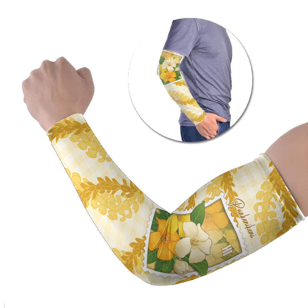 Aloha Hawaii Puakenikeni Arm Sleeves Hawaiian Lei Palaka Motifs Stylized Stamp LT14 Set of 2 Yellow - Polynesian Pride